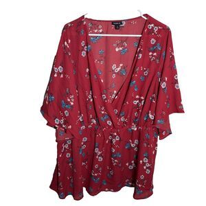 Torrid Blouse Women's 3 Red Floral Lightweight Short Sleeve V-Neck Wrap Sheer